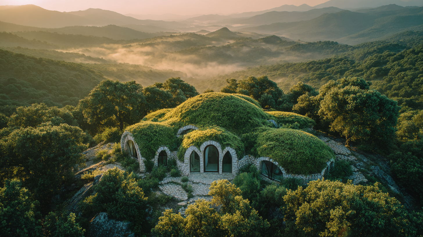 Mature BioDome with living roof and arched openings surrounded by native trees