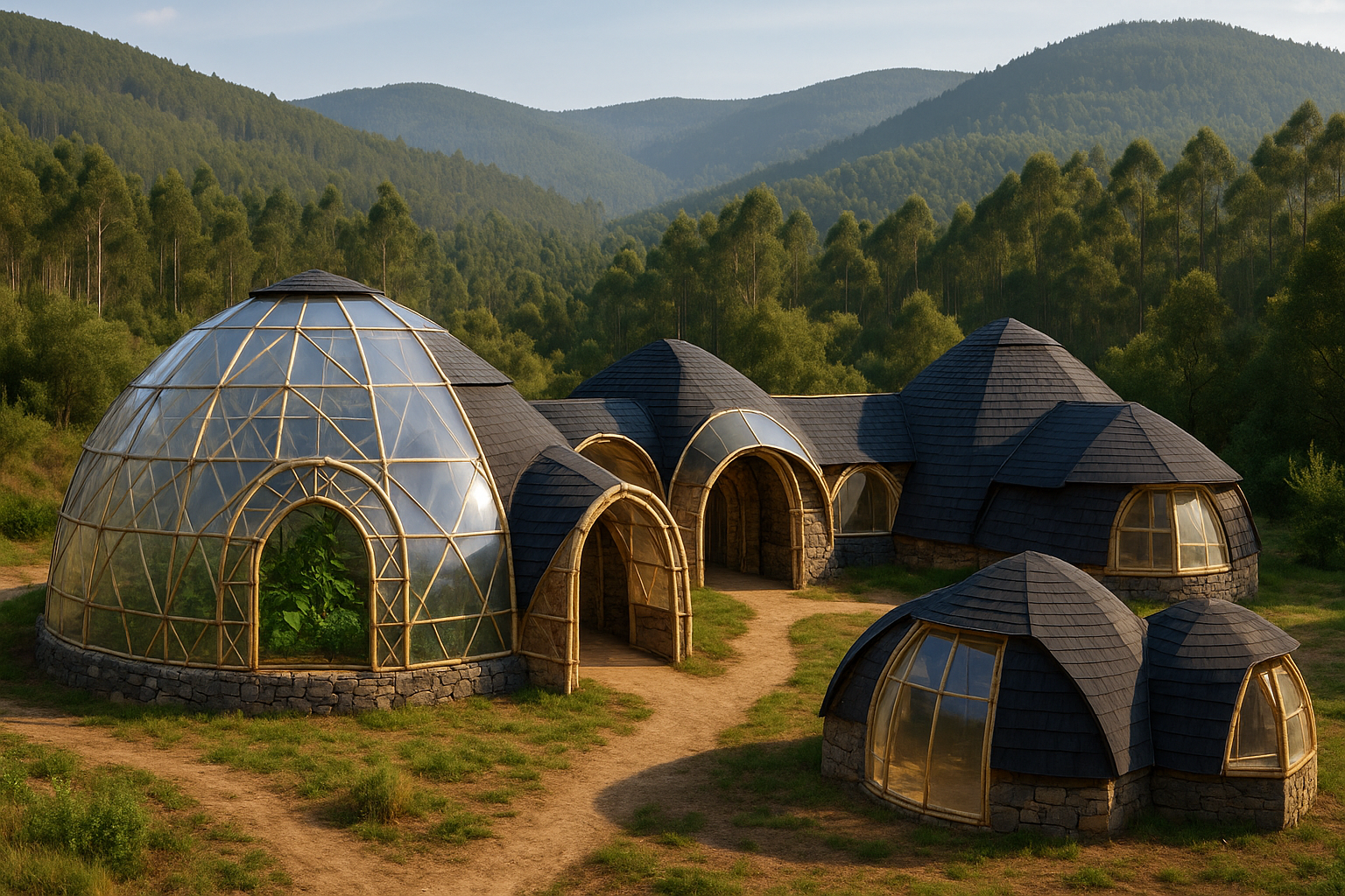 Interconnected compound of biodomes with varied roofing styles and connecting pathways
