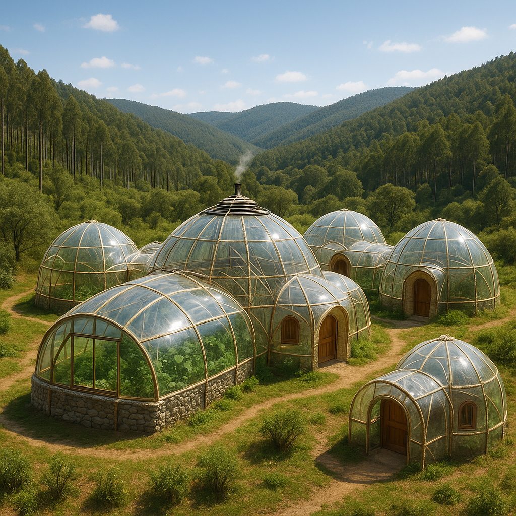 Aerial view of a BioDome village community with multiple greenhouse plastic domes in a mountain valley