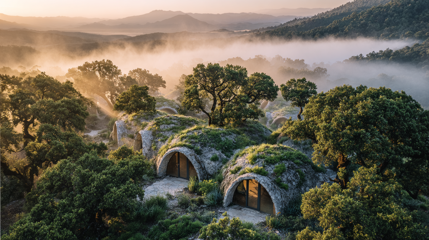 Colony of earth-sheltered domes with living roofs among native oak trees