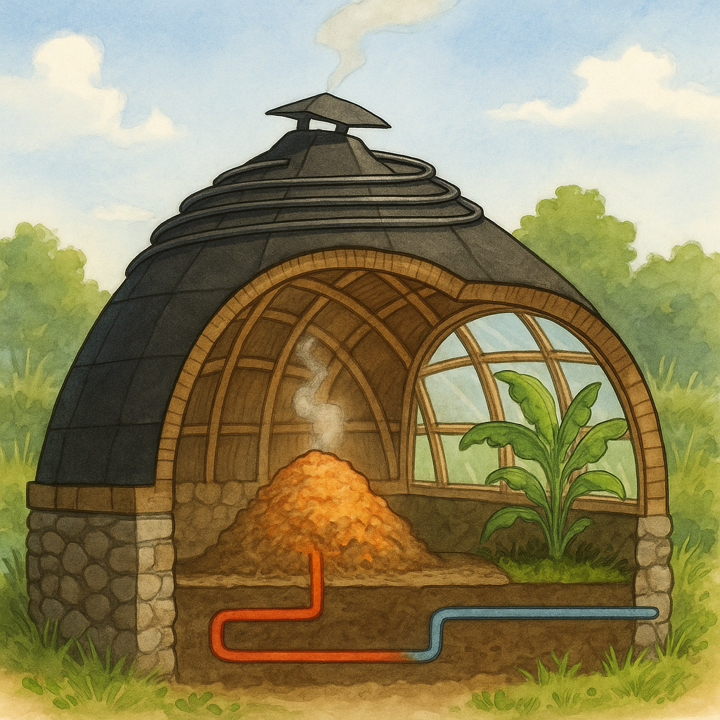 Cross-section illustration of dome showing compost heating system with pipes and ventilation