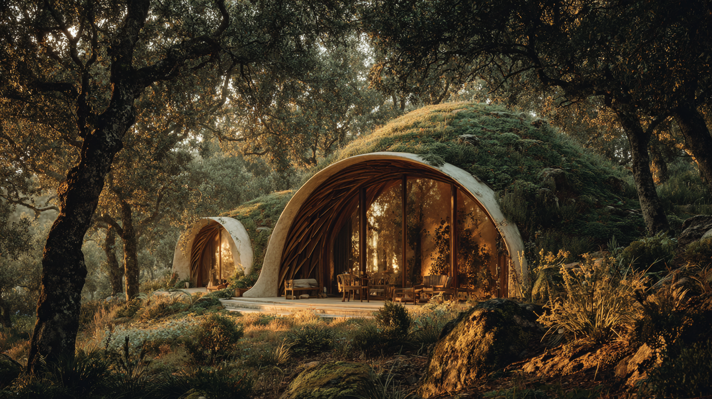 Earth-sheltered domes with large greenhouse plastic fronts nestled in native oak forest