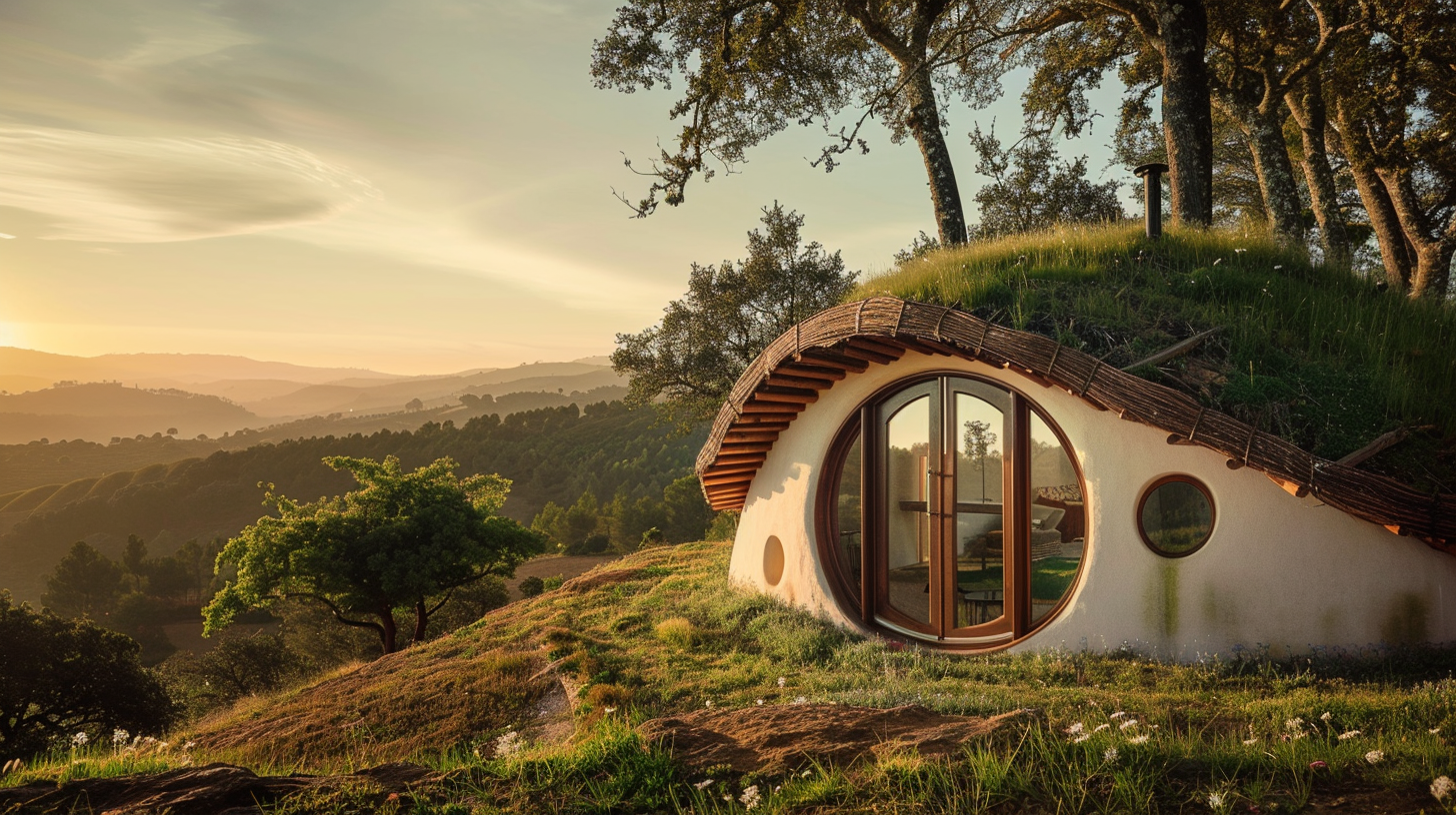 Earth-sheltered dome with round window set into hillside among native trees