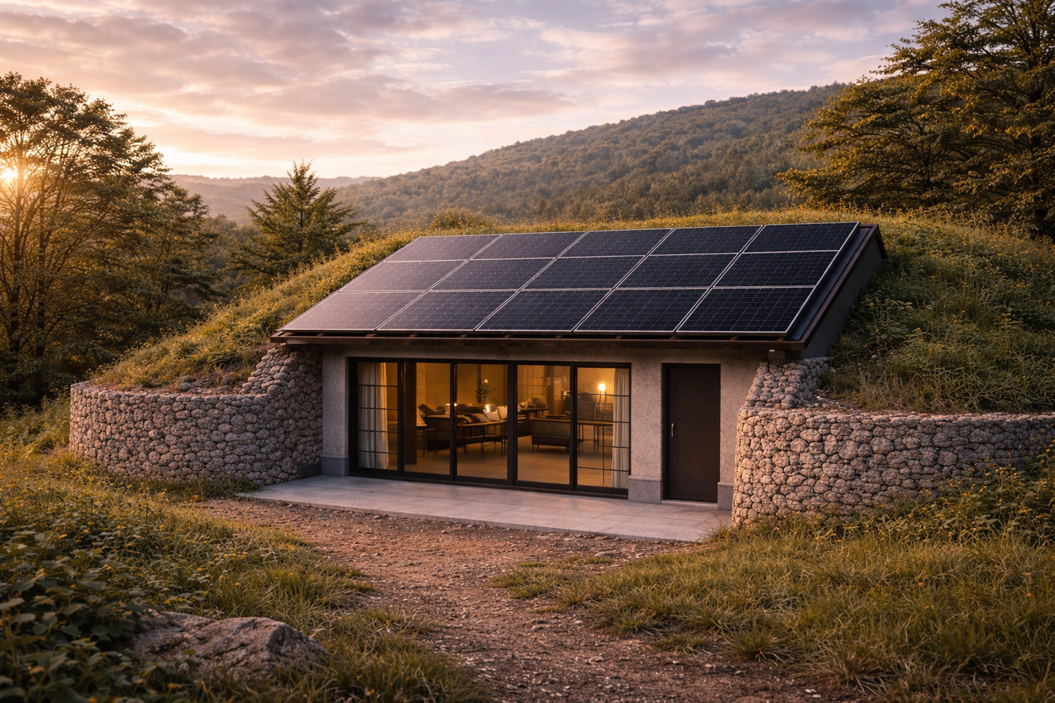 Earth Sheltered SolarPod built into hillside with solar panels and living roof