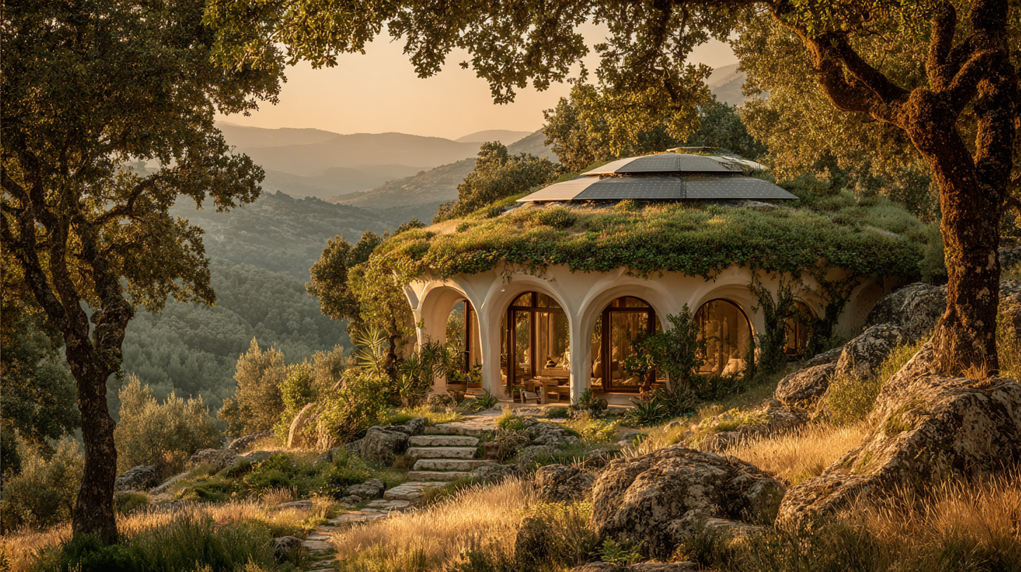 Mature BioDome with solar panels, living roof, and arched windows set among native trees