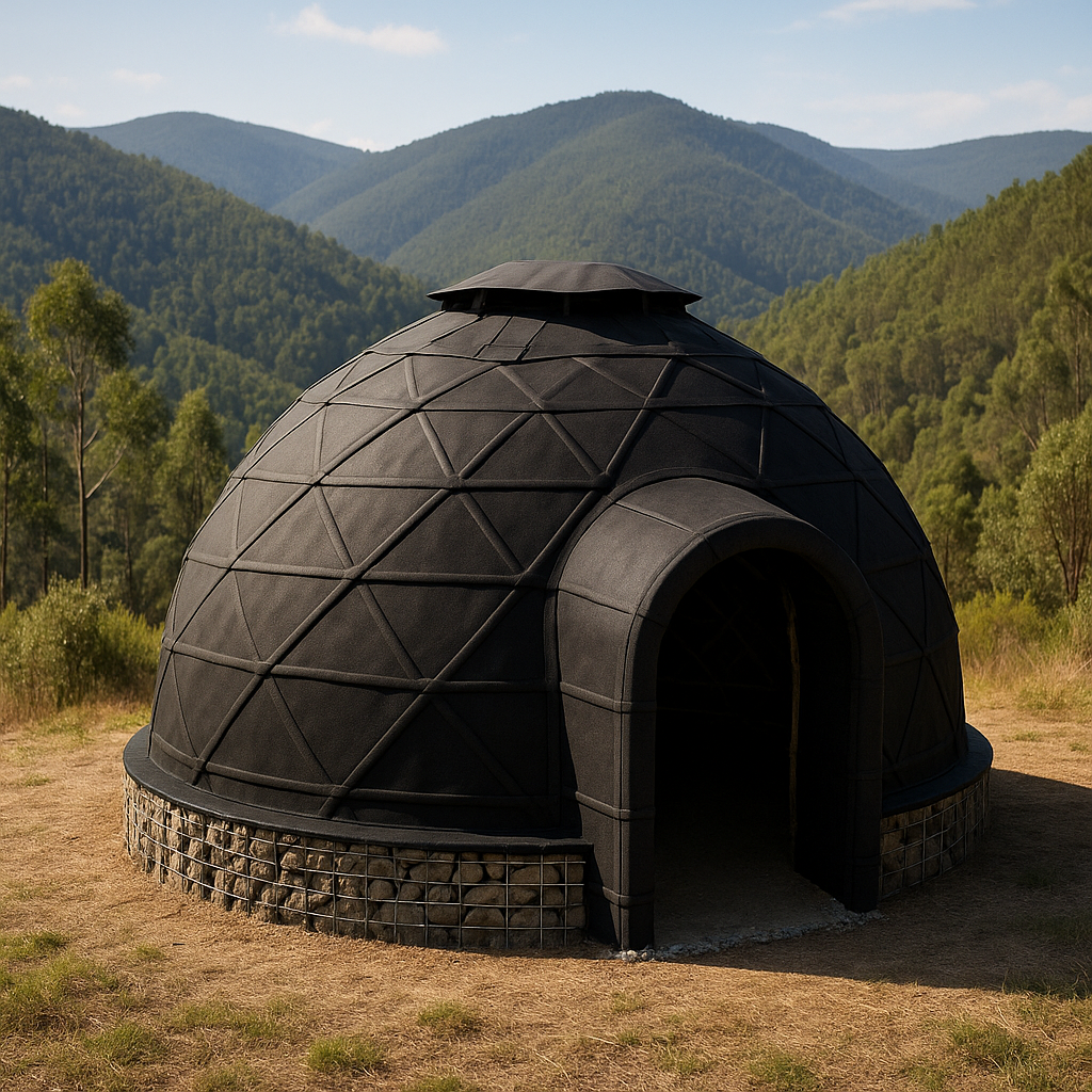 Dark fire-resistant dome with stone base in mountainous setting