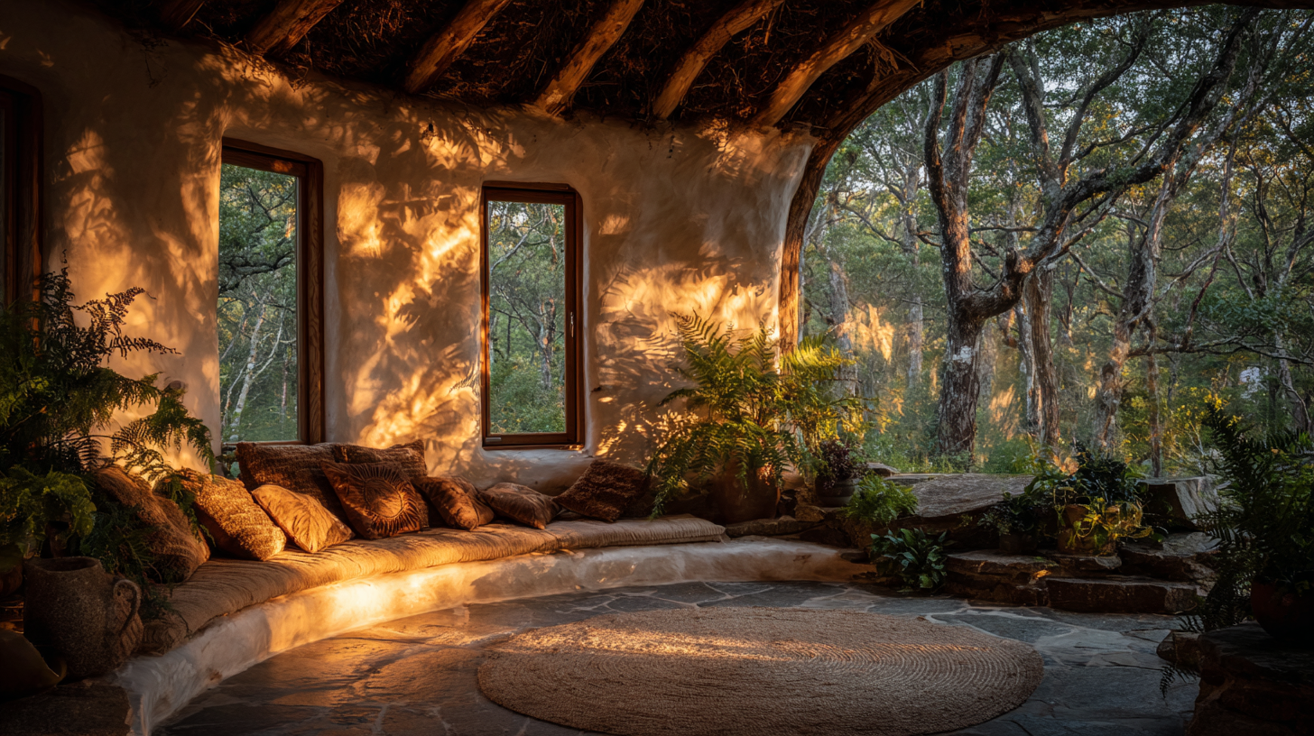 Semi-outdoor living space with natural stone floor and eucalyptus pole roof