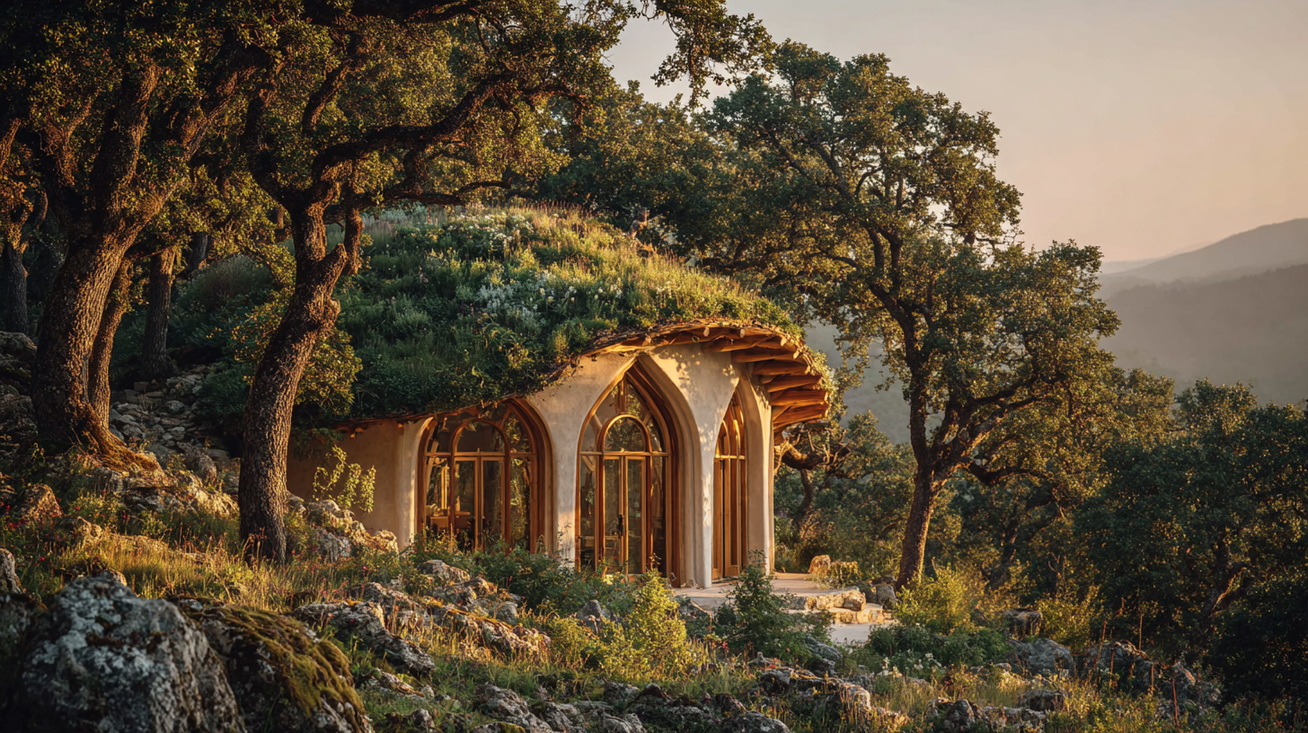 Finished BioDome with arched windows nestled among native oak trees