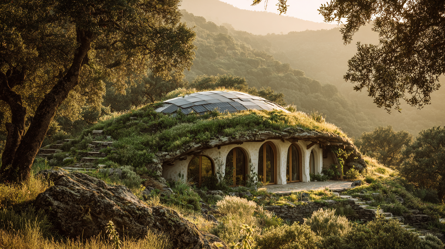 Earth-sheltered dome with solar panels and living roof integrated into hillside