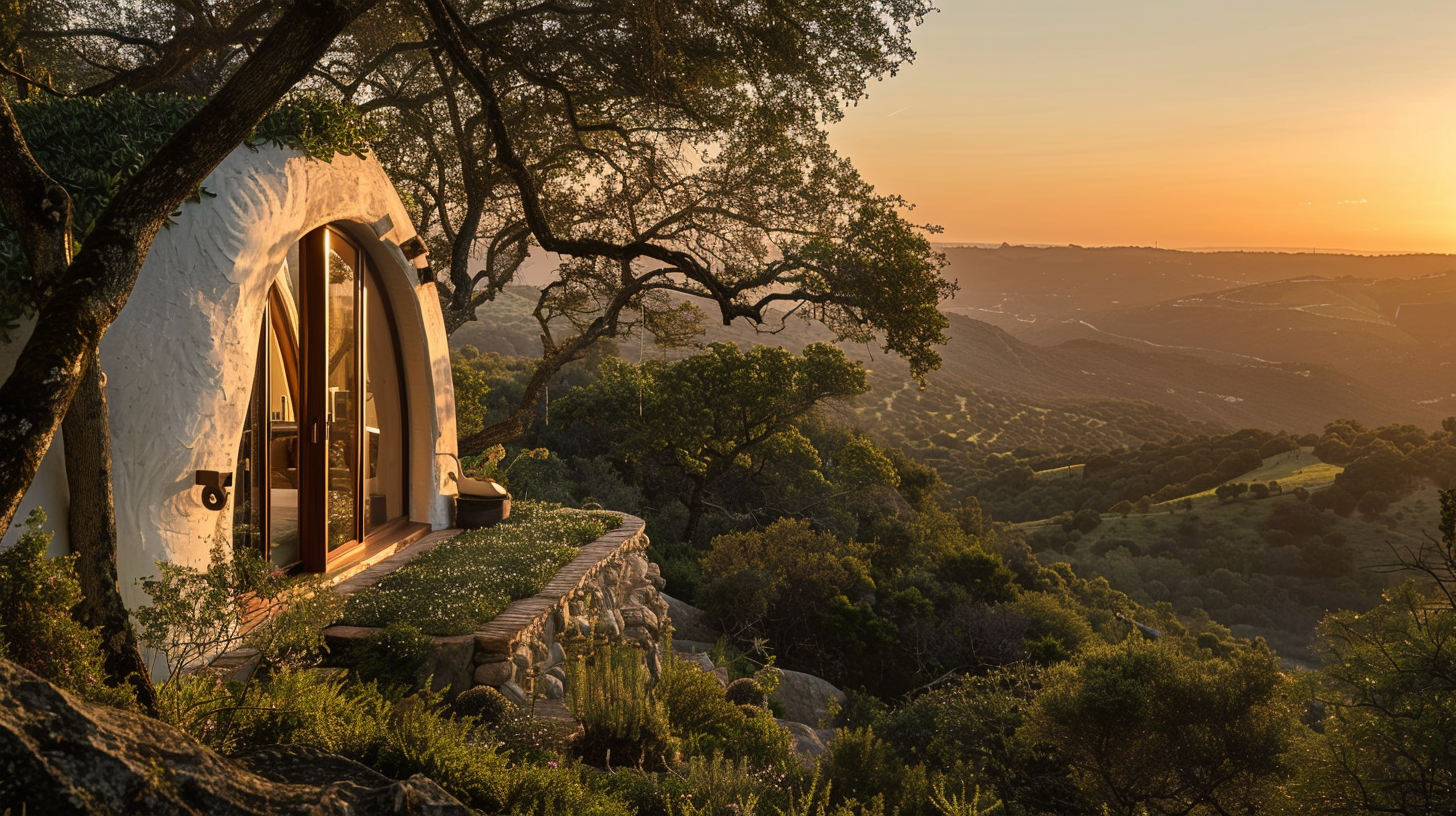 Earth-sheltered dome with arched door set into hillside