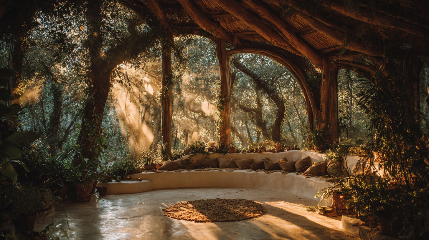 BioDome interior with curved eucalyptus arches, natural light, and living plants