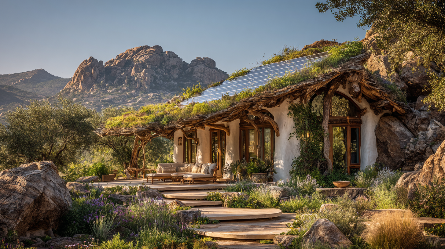Earth-sheltered structure with solar panels in mountain landscape with defensible space