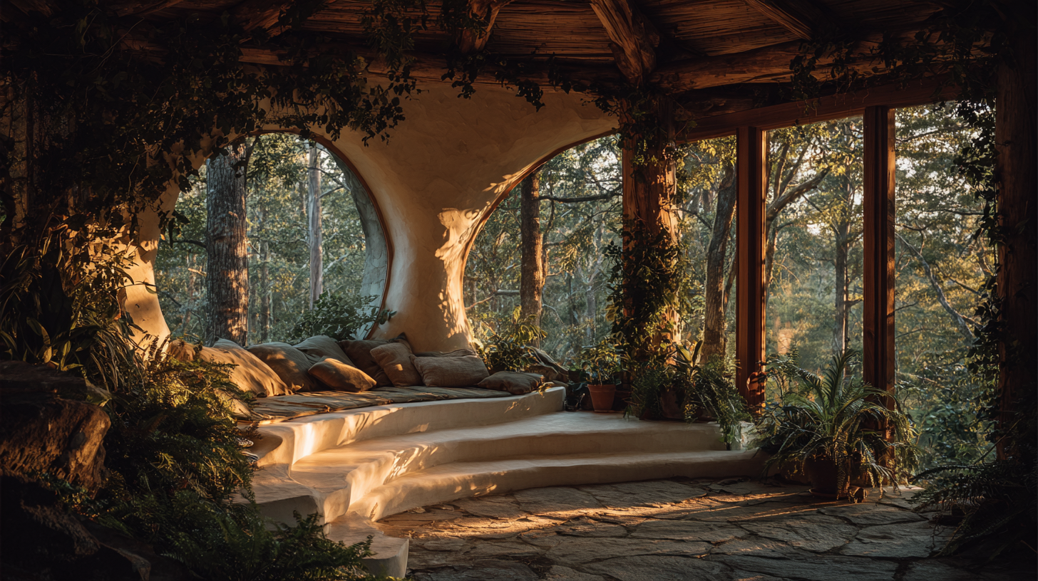 Interior reading nook with circular window, built-in sleeping platform, and climbing plants