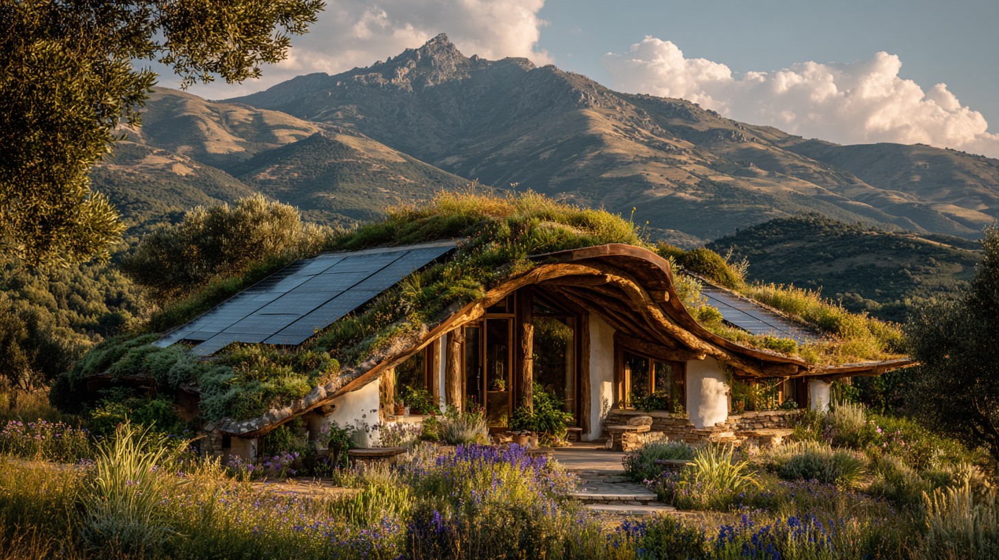 Earth-sheltered structure with solar panels and eucalyptus pole frame in mountain landscape