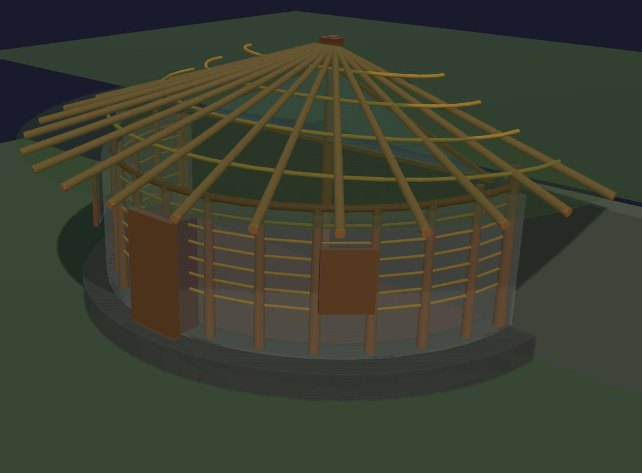 3D model of terraced BioDome with gabion retaining walls and reciprocal roof frame