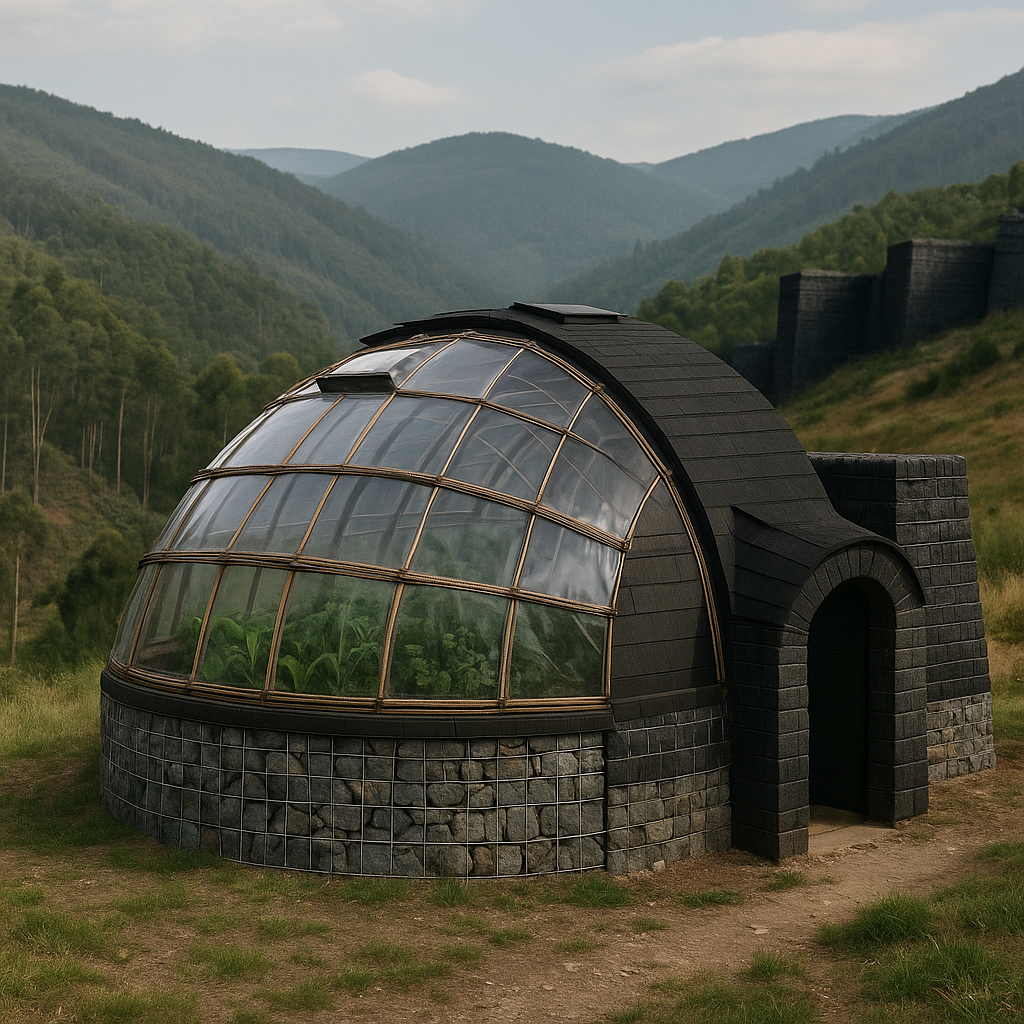 Greenhouse hothouse with arched greenhouse plastic roof, gabion stone base, and attached earth-sheltered entrance