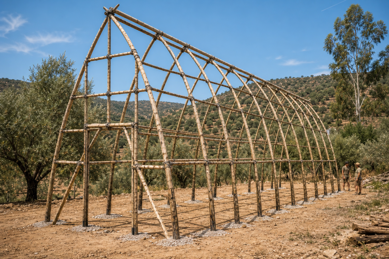 The bare eucalyptus-pole skeleton of the Gothic Tunnel Greenhouse standing on a Portuguese hillside under blue sky — six gothic arches, twin parallel ridge poles, three purlins per side, gable framing in place, no plastic yet