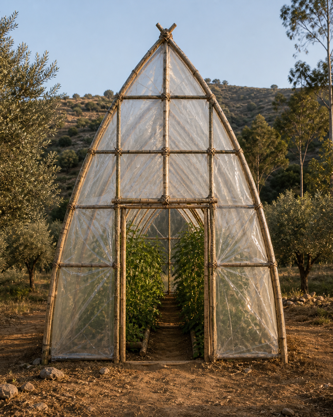 Front-on view of the finished Gothic Tunnel Greenhouse from the gable end, the sharp pointed apex silhouetted against blue sky with the door open showing green plants growing along the central path