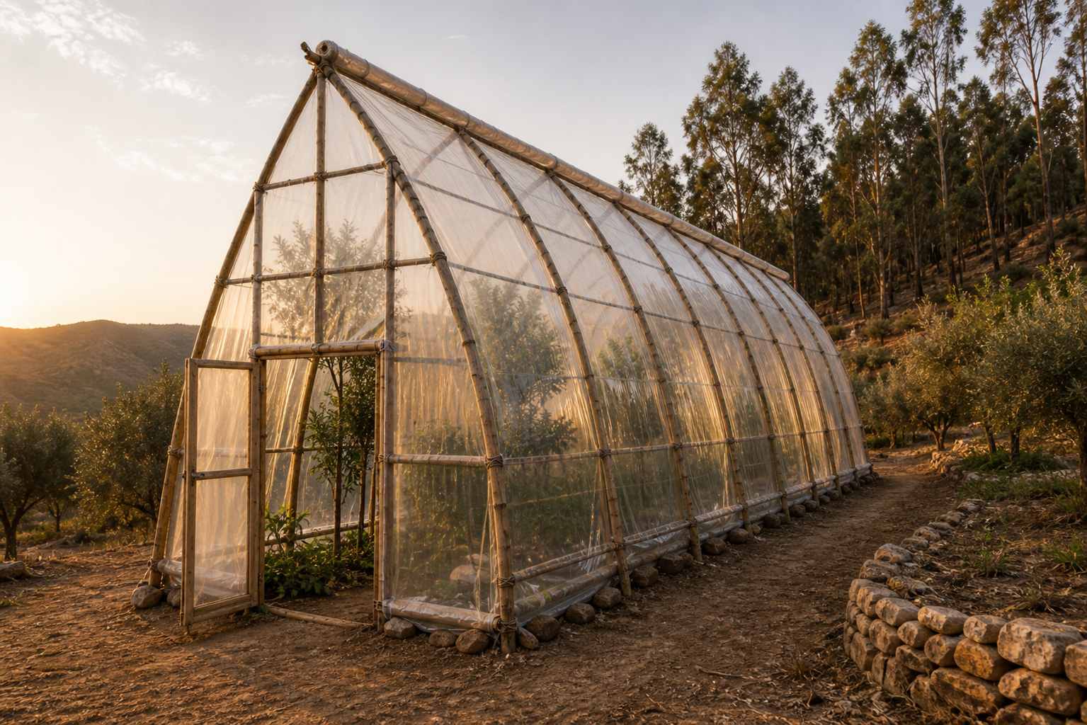A tall gothic-arched eucalyptus-pole greenhouse on a Portuguese hillside at golden hour, with a gabion stone wall in the foreground and eucalyptus forest behind