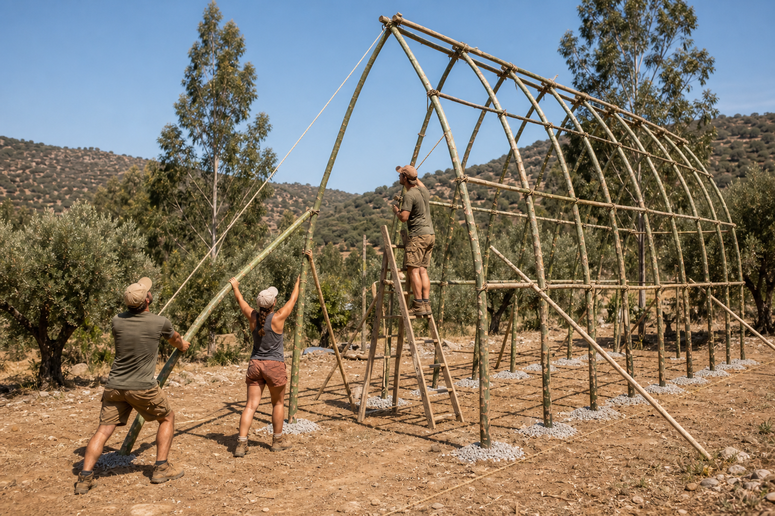 Three people raising an arch pole on a Portuguese hillside — two at the base leaning weight against the pole, one on a ladder pulling the thin end inward with a rope