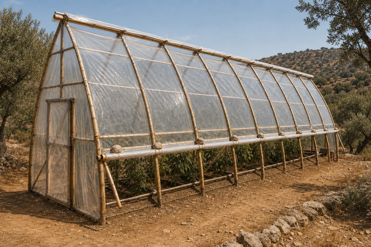 Side view of the finished Gothic Tunnel Greenhouse with plastic skin installed and roll-up walls down — stones holding the roll-up batten along the base, gable door at one end, terraced hillside in the background