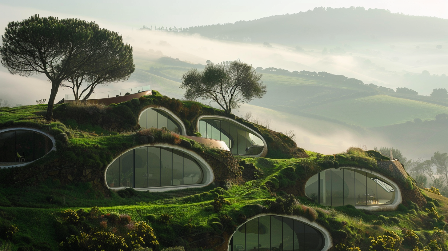 BioDome with mature living roof blending into hillside landscape