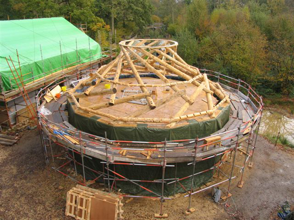 Reciprocal roof spiral pattern viewed from below