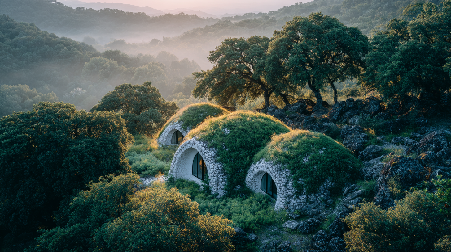 Stone-covered domes blending into misty hillside landscape